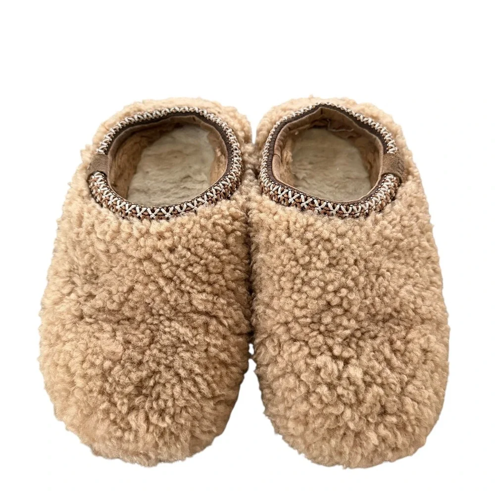 UGG Girls size 4 Tasman Curly‎ Sand Tan Faux Fur Slippers Clogs Shoes